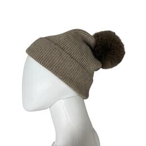 Norla Canada Alpaca Wool Blend Winter Beanie Hat Tan Faux Fur Pom Pom Luxe